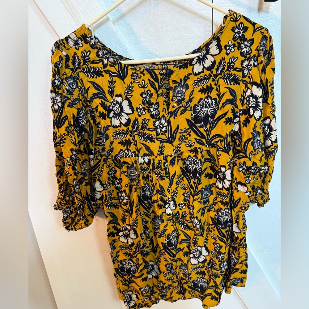 Terra & Sky Mustard Floral Smocked Square-Neck Blouse - Picture 2 of 4